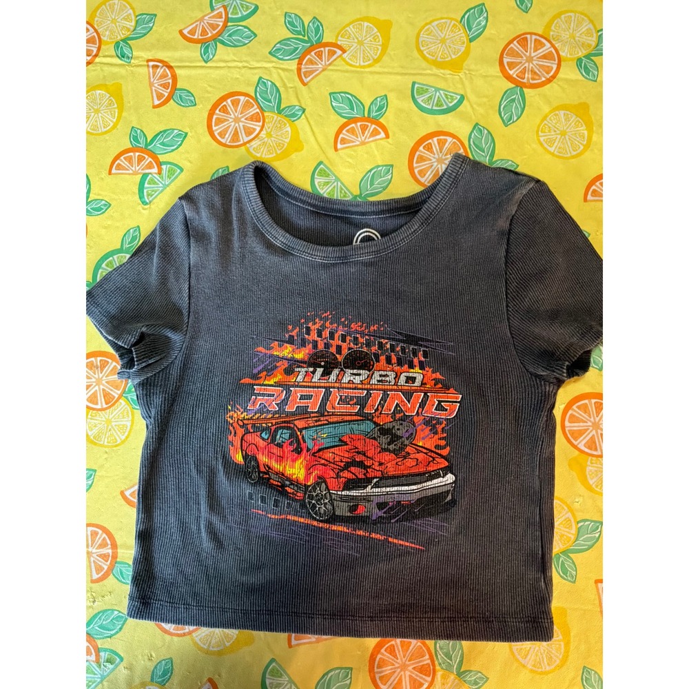 Social Culture Turbo Racing Graphic Baby Tee Womens XS Charcoal Grey